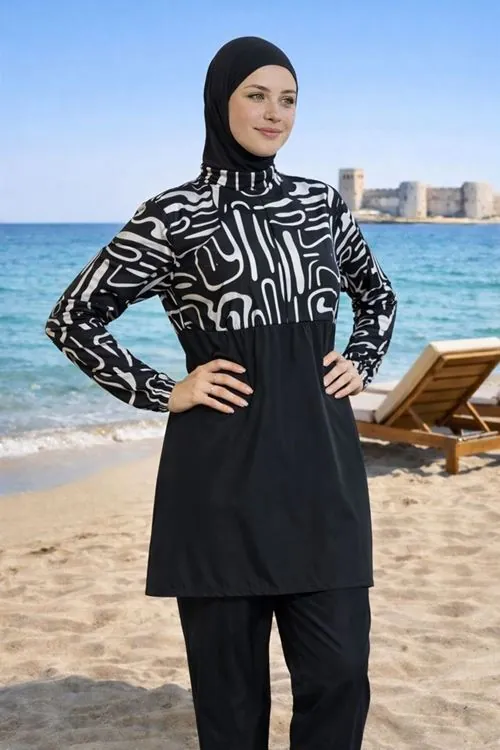Women's Black Patterned Full-Coverage Modest Swimsuit Set — Parachute Fabric with Matching Swim Cap (3 Piece)