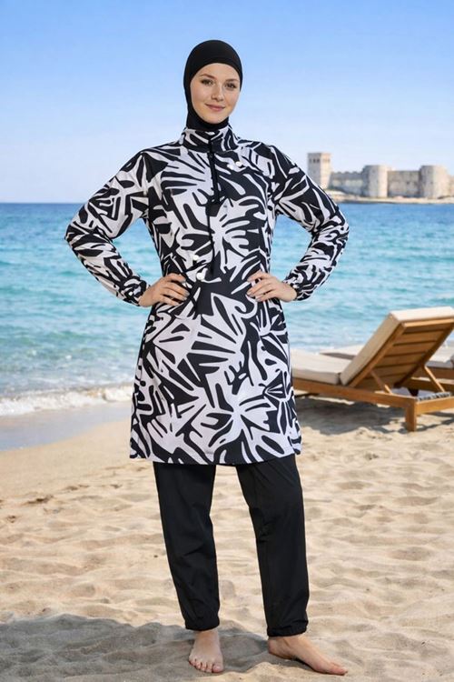 Kadın Siyah Beyaz Tam Kapalı Paraşüt Kumaş Fermuarlı Biyeli Tesettür Mayo