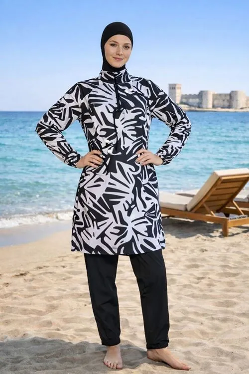 Women's Black & White Full-Coverage Modest Swimsuit — Zip-Front, Parachute Fabric & Piped Detail
