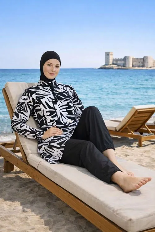 Women's Black & White Full-Coverage Modest Swimsuit — Zip-Front, Parachute Fabric & Piped Detail