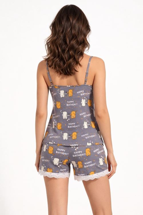 Kadın Şortlu Kedili Happy Birthday Desenli Doğum Günü Hediyesi Pijama Takımı Yazlık Uyku Seti