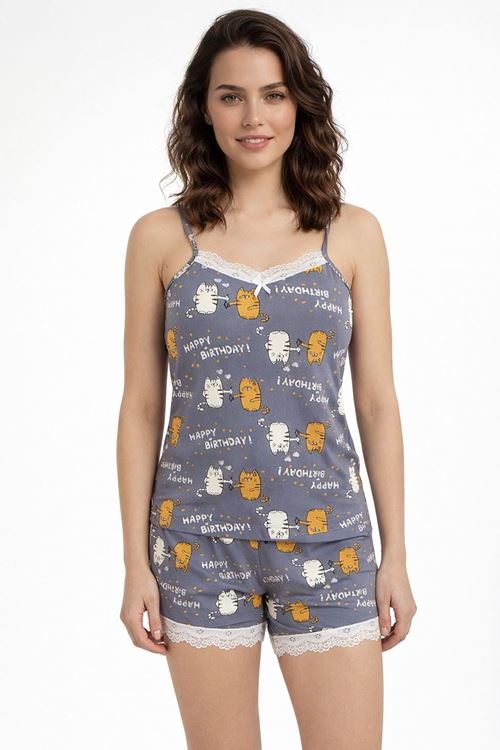 Kadın Şortlu Kedili Happy Birthday Desenli Doğum Günü Hediyesi Pijama Takımı Yazlık Uyku Seti