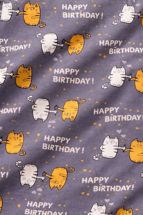 Kadın Şortlu Kedili Happy Birthday Desenli Doğum Günü Hediyesi Pijama Takımı Yazlık Uyku Seti