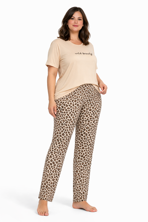 Büyük Beden Leoparlı Rahat Kesim Milan Kumaş Desenli Kadın Pijama Takımı 