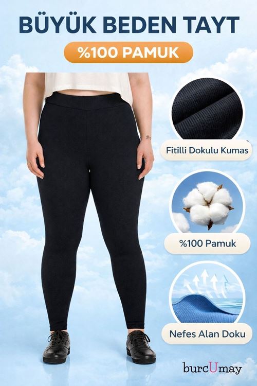 Kadın Siyah Pamuklu Fitilli Büyük Beden Tayt