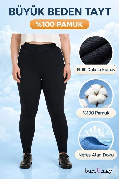 Kadın Siyah Pamuklu Fitilli Büyük Beden Tayt