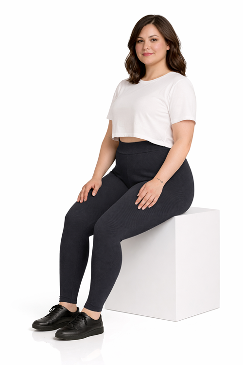 Kadın Siyah Pamuklu Fitilli Büyük Beden Tayt