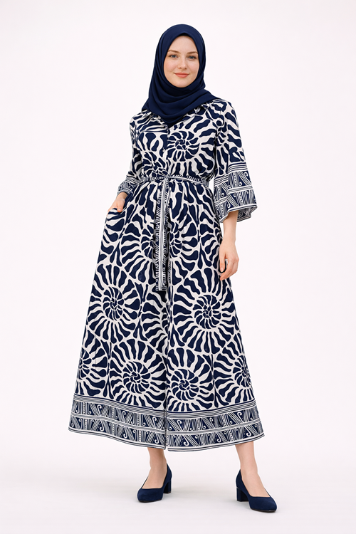 %100 Pamuklu Cepli ve Beli Kemerli Yazlık Tasarım Desenli Lacivert Gömlek Tesettür Elbise