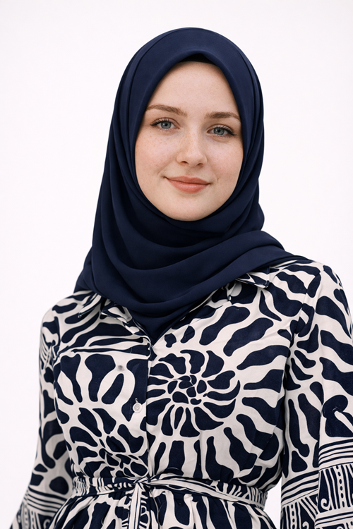 %100 Pamuklu Cepli ve Beli Kemerli Yazlık Tasarım Desenli Lacivert Gömlek Tesettür Elbise