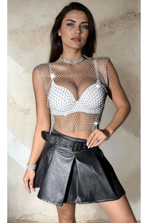 Kadın Gümüş Taşlı Transparan File Bluz Işıltılı Kolsuz Festival ve Parti Büstiyeri