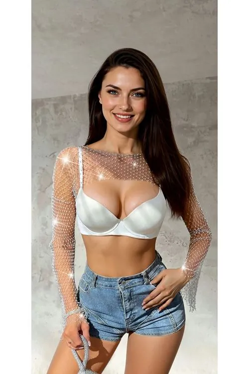 Gümüş Taşlı Uzun Kollu File Bolero Crop Bluz Rave ve Gece Kulübü Kıyafeti