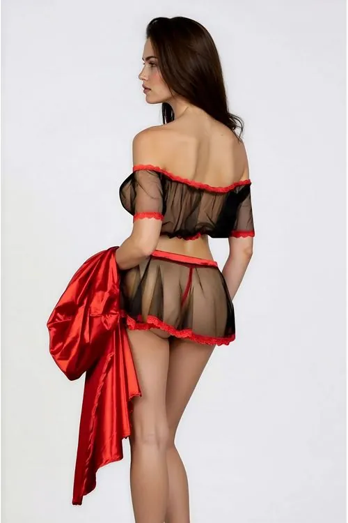 Kadın Kırmızı Başlıklı Fantazi İç Giyim Seti - Mini Pelerinli Transparan Tül Gecelik ve String Takım