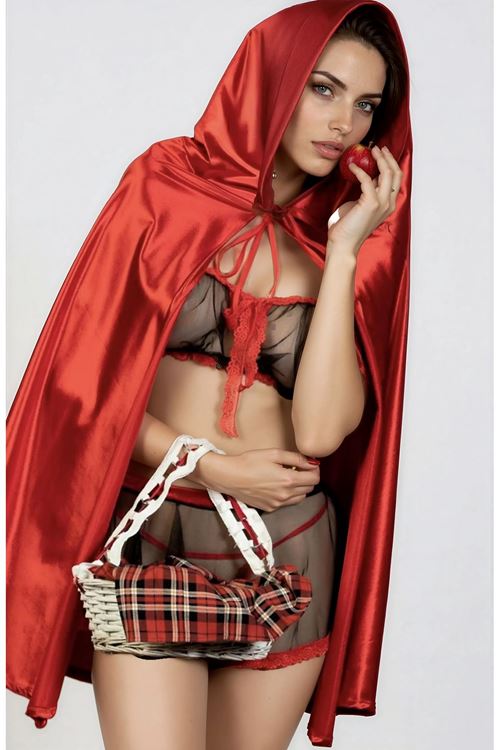 Kadın Kırmızı Başlıklı Fantazi İç Giyim Seti - Mini Pelerinli Transparan Tül Gecelik ve String Takım