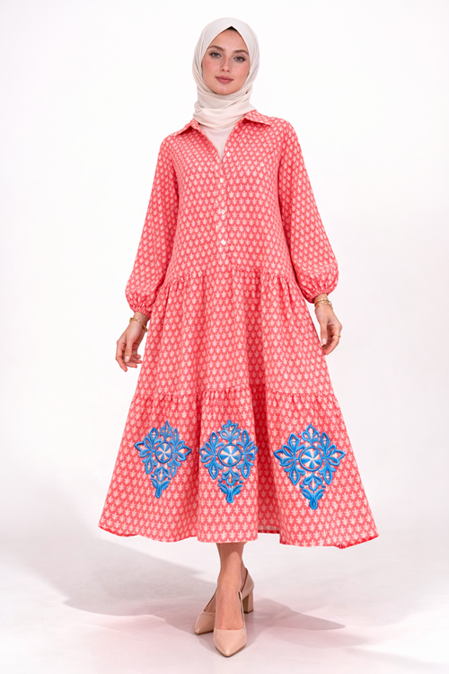 %100 Pamuklu Cepli ve Nakışlı Yazlık Tasarım Desenli Nar Çiçeği Pembe Gömlek Tesettür Elbise