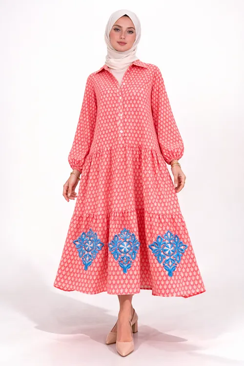 Women's 100% Cotton Pink Modest Shirt Dress — Blue Embroidery, Pocketed & One Size