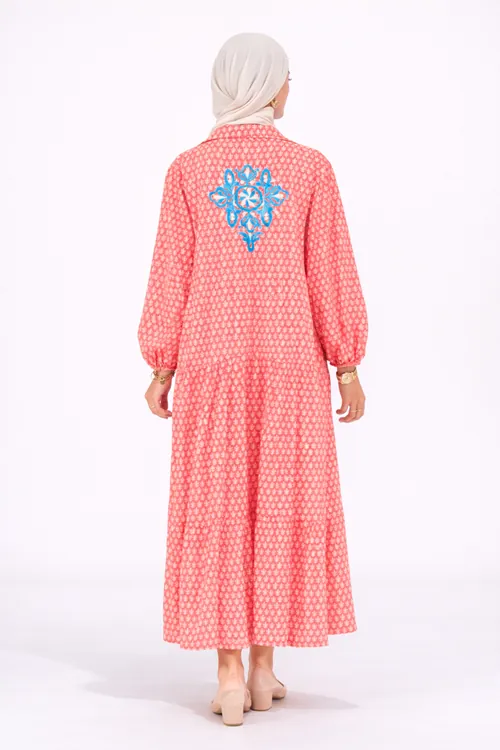 Women's 100% Cotton Pink Modest Shirt Dress — Blue Embroidery, Pocketed & One Size