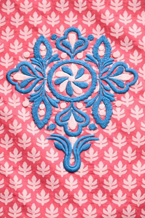Women's 100% Cotton Pink Modest Shirt Dress — Blue Embroidery, Pocketed & One Size