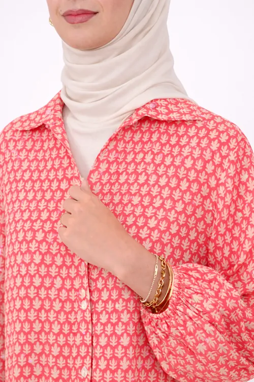 Women's 100% Cotton Pink Modest Shirt Dress — Blue Embroidery, Pocketed & One Size
