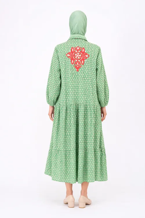 Women's 100% Cotton Green Modest Shirt Dress — Embroidered, Pocketed & One Size