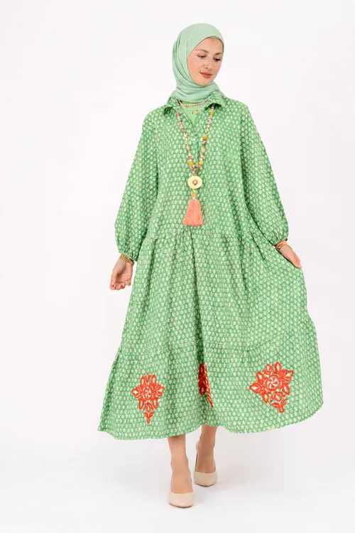 Women's 100% Cotton Green Modest Shirt Dress — Embroidered, Pocketed & One Size