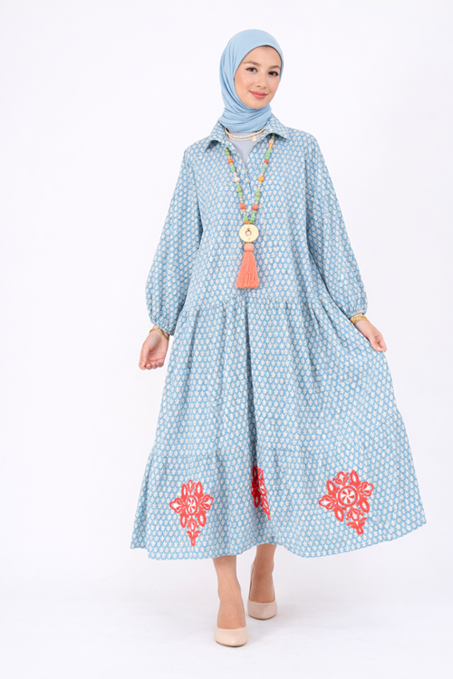 %100 Pamuklu Cepli ve Nakışlı Yazlık Tasarım Desenli Mavi Gömlek Tesettür Elbise
