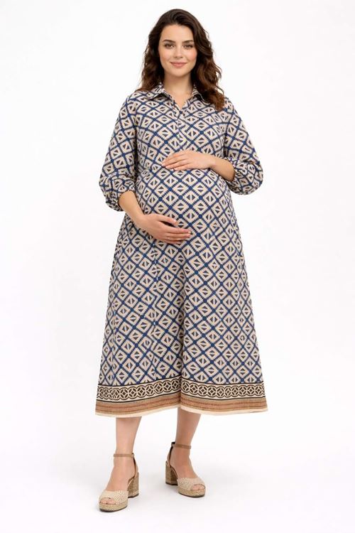 Kadın Marin Desenli Anka Kuşu Nakış Detaylı Önden Düğmeli Gömlek Yaka Lacivert Hamile Elbisesi