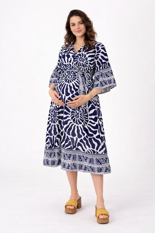 %100 Pamuklu Kadın Kuşaklı ve Cepli Yazlık Lacivert Gömlek Yaka Hamile Elbisesi