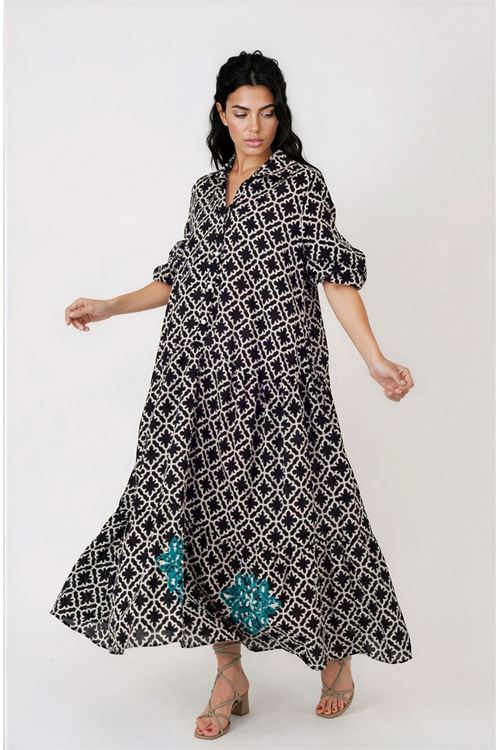 Kadın Desenli Nakış İşlemeli Pamuklu Maxi Cepli Siyah Uzun Gömlek Elbise