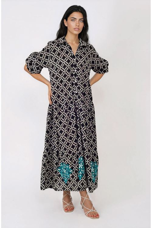Kadın Desenli Nakış İşlemeli Pamuklu Maxi Cepli Siyah Uzun Gömlek Elbise