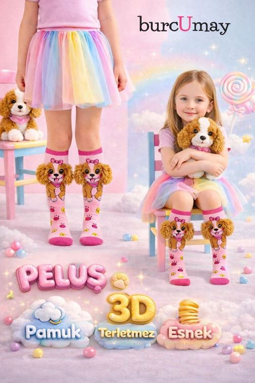 Kız Çocuk 3 Boyutlu Peluş Kulaklı Sevimli Köpek Desenli Dizaltı Pembe Çorap