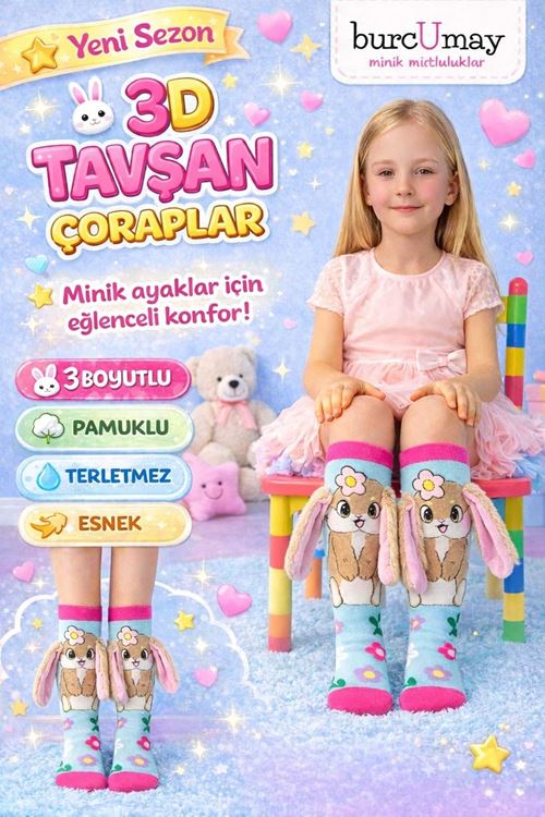 3 Boyutlu Uzun Kulaklı Tavşan Figürlü Kız Çocuk Dizaltı Çorap - Eğlenceli Pamuklu Çorap
