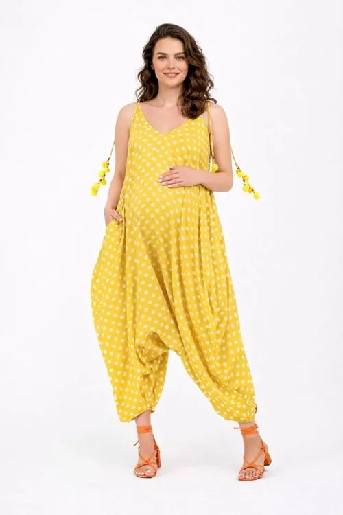Women's Yellow Polka Dot Maternity Jumpsuit Dress — Pom-Pom Detail, Cotton & Viscose