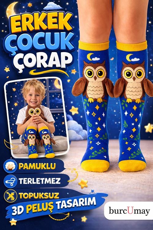 Erkek Çocuk 3D Baykuş Figürlü Eğlenceli Pamuklu Topuksuz Dizaltı Çorap