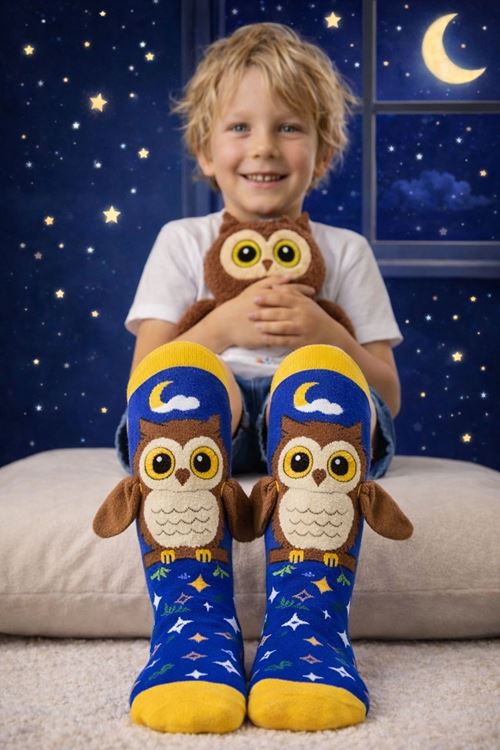 Erkek Çocuk 3D Baykuş Figürlü Eğlenceli Pamuklu Topuksuz Dizaltı Çorap
