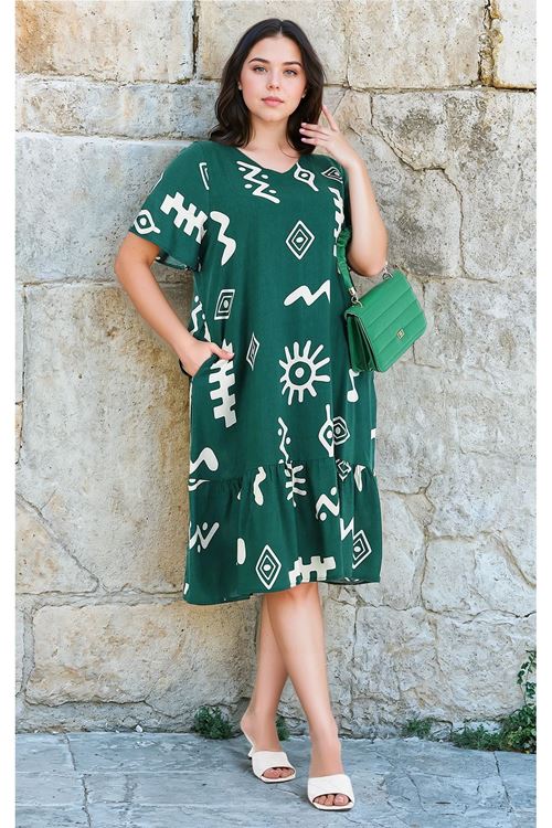 Plus Size Green Patterned Pocket Summer Dress