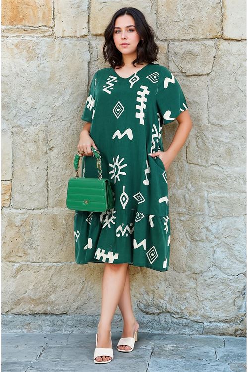 Plus Size Green Patterned Pocket Summer Dress