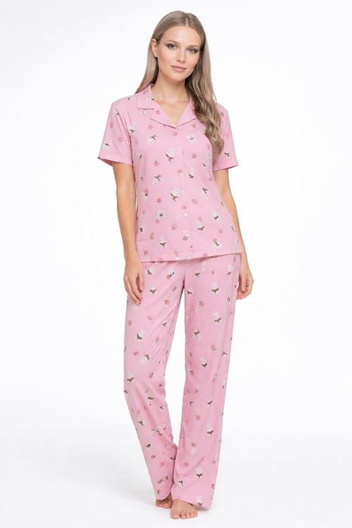 Kısa Kollu Yazlık Düğmeli Gömlek Yaka Yumuşak Dokulu Pembe Kadın Pijama Takımı
