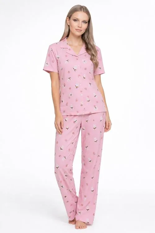 Kısa Kollu Yazlık Düğmeli Gömlek Yaka Yumuşak Dokulu Pembe Kadın Pijama Takımı