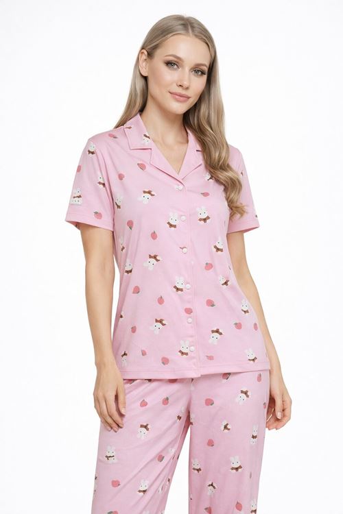 Kısa Kollu Yazlık Düğmeli Gömlek Yaka Yumuşak Dokulu Pembe Kadın Pijama Takımı