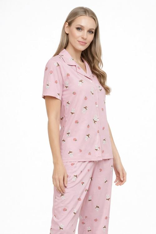 Kısa Kollu Yazlık Düğmeli Gömlek Yaka Yumuşak Dokulu Pembe Kadın Pijama Takımı