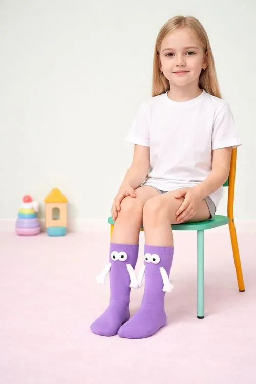 Lila El Ele Tutuşan Mıknatıslı 3D Çocuk Çorap Pamuklu