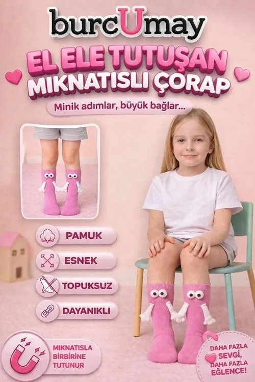 Pembe El Ele Tutuşan Mıknatıslı 3D Çocuk Çorap Pamuklu