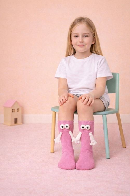 Pembe El Ele Tutuşan Mıknatıslı 3D Çocuk Çorap Pamuklu