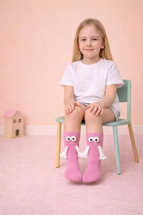 Pembe El Ele Tutuşan Mıknatıslı 3D Çocuk Çorap Pamuklu