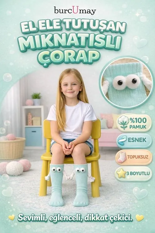 Mıknatıslı Mint Yeşili Çocuk Çorabı – El Ele Tutuşan Pamuklu Model