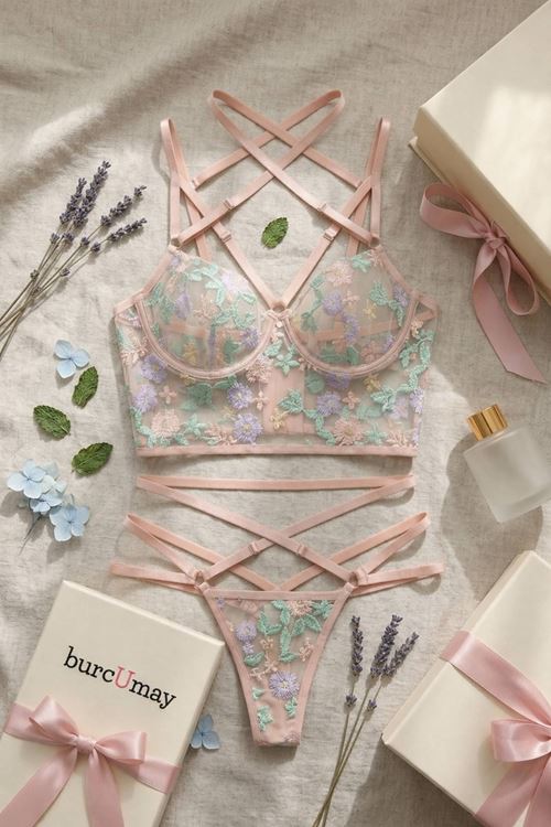 Kadın Çiçek İşlemeli Transparan Büstiyer İç Çamaşırı Takımı