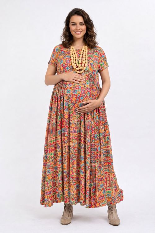 Ethnic Pattern Cotton Viscose Boho Maternity Dress Short Sleeve Summer