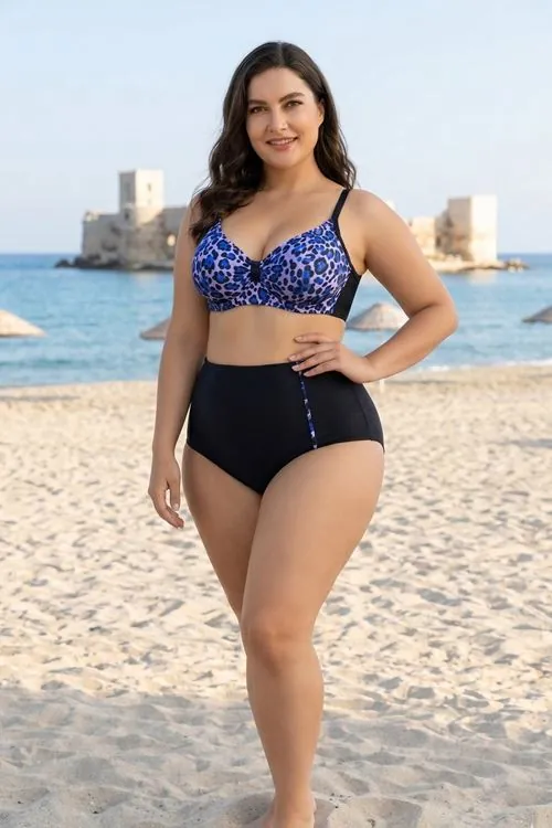 Leoparlı Büyük Beden Yüksek Bel Toparlayıcı Bikini Takımı