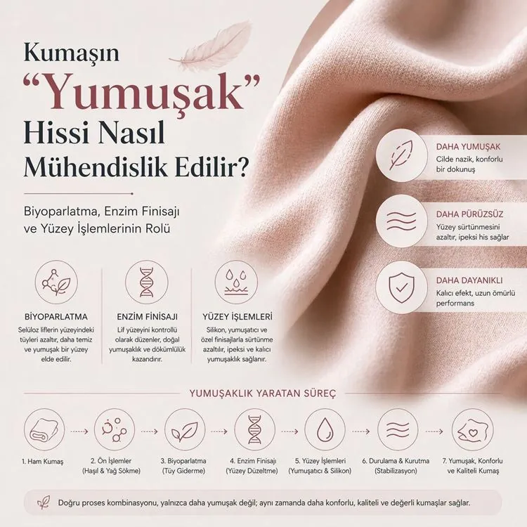 Kumaşın “Yumuşak” Hissi Nasıl Mühendislik Edilir? Biyoparlatma, Enzim Finisajı ve Yüzey İşlemlerinin Rolü