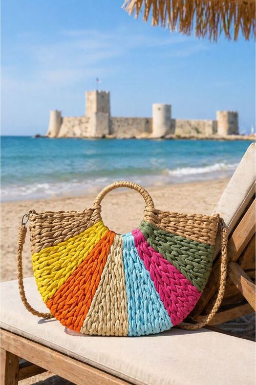 Kadın Renkli El Örgüsü Hasır Plaj Tatil Havuz Çantası Omuz Askılı Yazlık Çanta